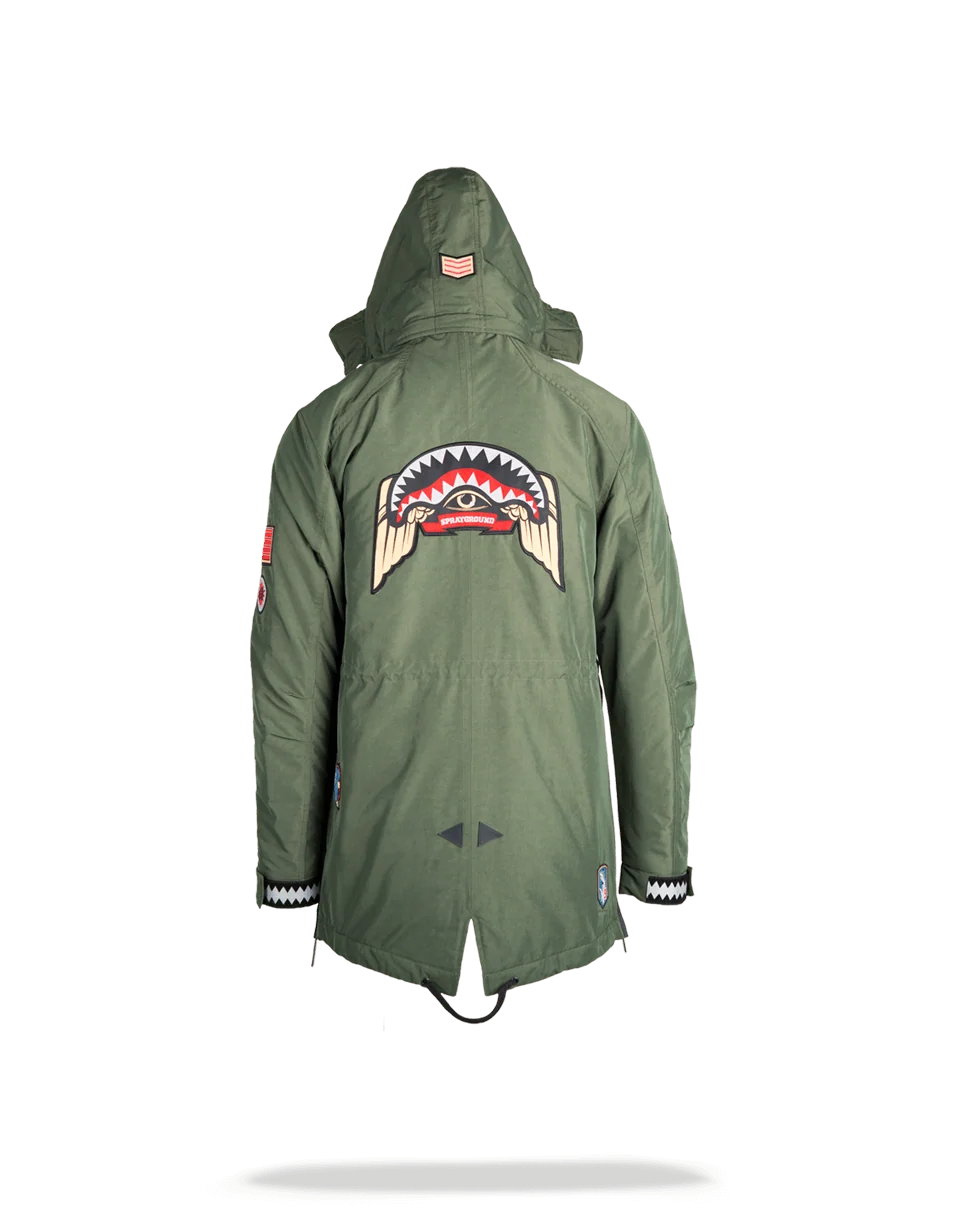 GREEN ARMY PATCHES LONG PARKA HOODY MENS (SIZE SMALL)