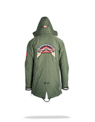 GREEN ARMY PATCHES LONG PARKA HOODY MENS (SIZE SMALL)